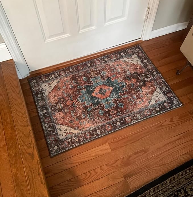 Ciicool Washable Vintage Area Rug, 2x3ft Small Boho Rug, Ultra Soft Rugs for Entryway, Non-Slip Entry Rugs Oriental Low-Pile Indoor Mat Floor Carpet for Entrance Bedroom Kitchen Bathroom Foyer Decor