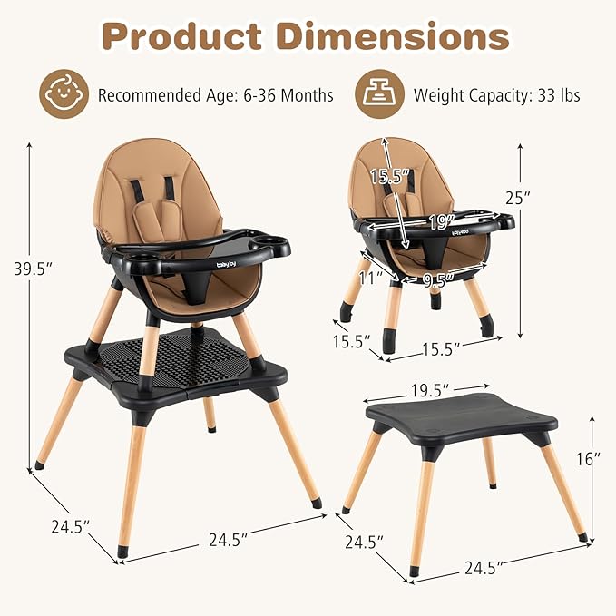 BABY JOY 6 in 1 High Chair, Convertible High Chairs for Babies and Toddlers/Booster Seat/Table and Chair Set, Infant Wooden Highchair w/ 5-Point Harness, 4-Position Removable Tray & PU Cushion, Coffee