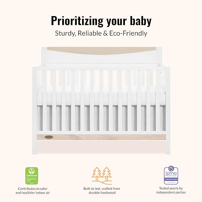 Dream On me Emerson 5-in-1 Convertible Full-Size Baby Crib in White & Vintage White Oak, GreenGuard Gold & JPMA, 3 Mattress Heights, Converts to Toddler, Day & Full-Size Bed
