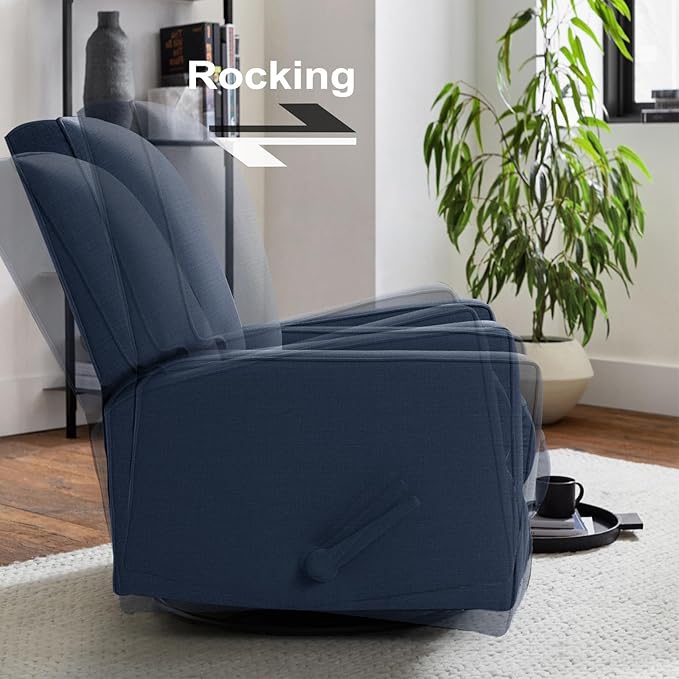 Harkawon Swivel Rocker Recliner Chair, Glider Rocker Recliner, Rocking Chairs Nursery, Fabric Chair with High Back, Deep Seat, for Living Room, Bedroom, Blue+Brown
