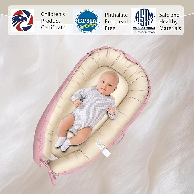 Baby Lounger, Baby Nest Cover for Baby, Reversible & Breathable Cotton, Adjustable Baby Floor Seat for Tummy Time, Portable Infant Lounger, Essentials for Newborns (Pink)