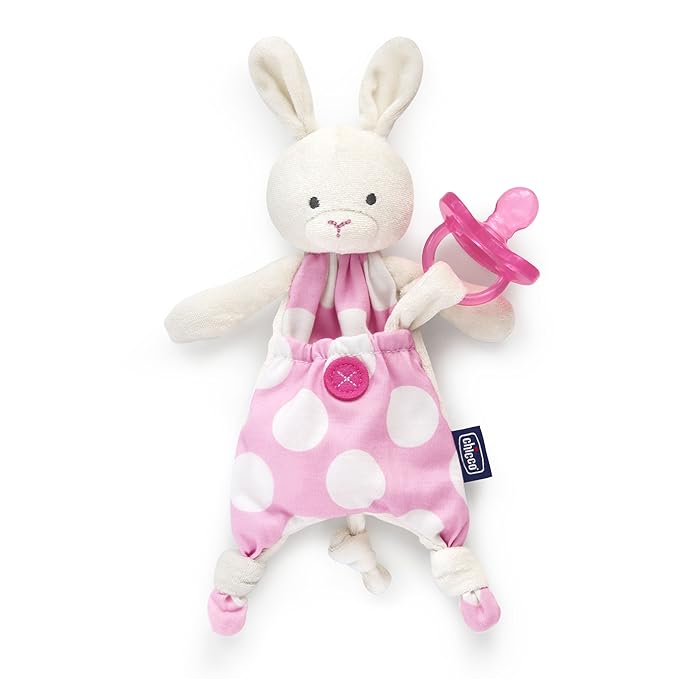 Chicco Pocket Buddies Soft Pacifier Holder-Lovey, Soothing Plush Toy Animal 0m+, Pink Bunny
