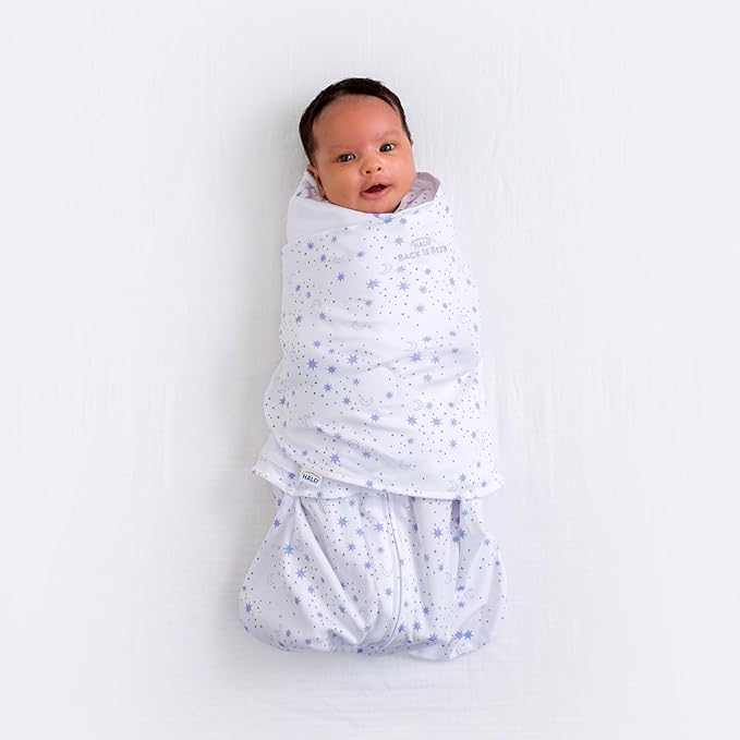 HALO 100% Cotton Sleepsack Swaddle, 3-Way Adjustable Wearable Blanket, TOG 1.5, Midnight Moons Blue, Small, 3-6 Months