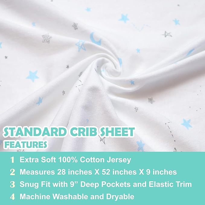 American Baby Company 3 Pack 100% Natural Cotton Fitted Crib Sheets 52" x 28" - Soft, Breathable, Hypoallergenic & Gentle Toddler Bed Sheets, Blue Star/Zigzag, Neutral for Boys & Girls
