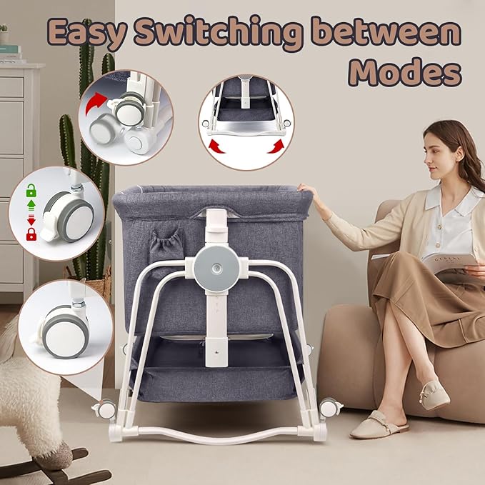 4 in 1 Baby Bassinet Bedside Sleeper, Rocking Baby Crib with Lockable Wheels, Storage, Mosquito Net and Matress Included, 7 Level Adjustable Bedside Bassinet for Baby Newborn(Gray)