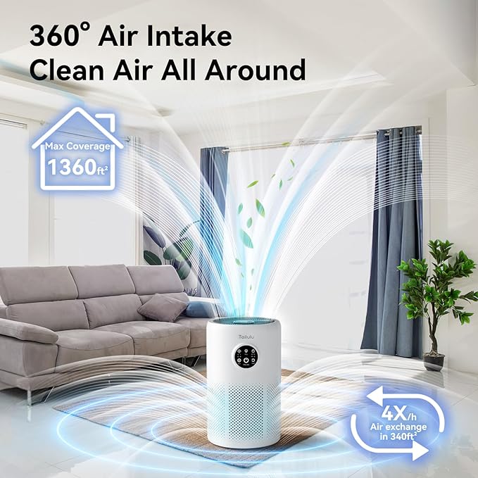 Air Purifiers for Home Pets Large Room Up to 1360 Ft², Tailulu D10 HEPA Air Purifiers for Bedroom with 15dB Sleep Mode, Air Filter for Pet Dander Smoke Odor Dust Pollen with Timer Fragrance Sponge