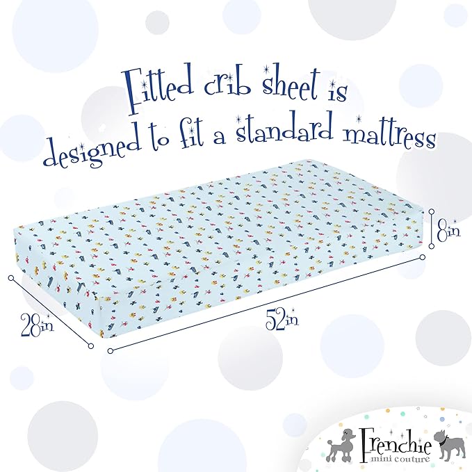 Fitted Crib Sheet Single, 100% Woven Cotton, Toddler Fitted Sheet, Fits Standard Size Baby Mattress 28 x 52 x 8in, Cars, Boats, & Planes (Light Blue)