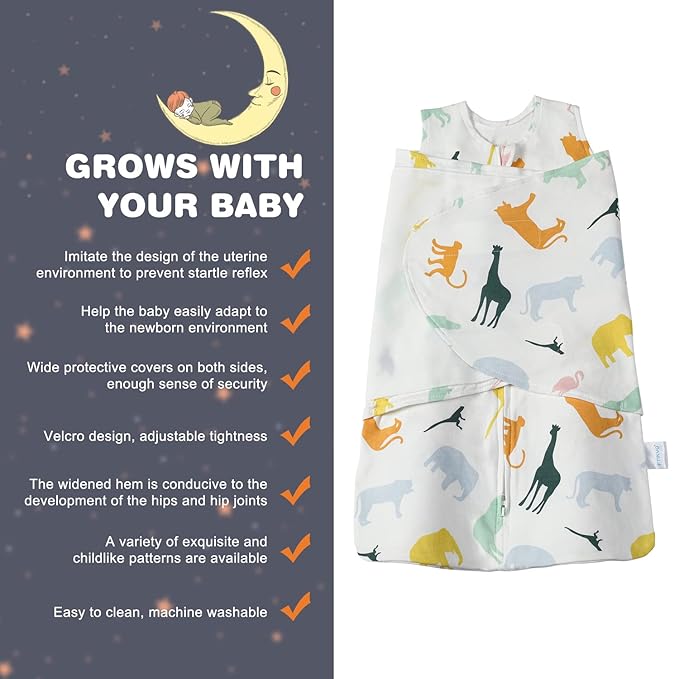Swaddle-Blanket Baby Girl & Boy Swaddles Newborn Infant Transition 100% Cotton Wrap Blankets, 3-Way Adjustable Wearable Blanket, TOG 1.0 (Colorful Zoo, 3-6 Month)