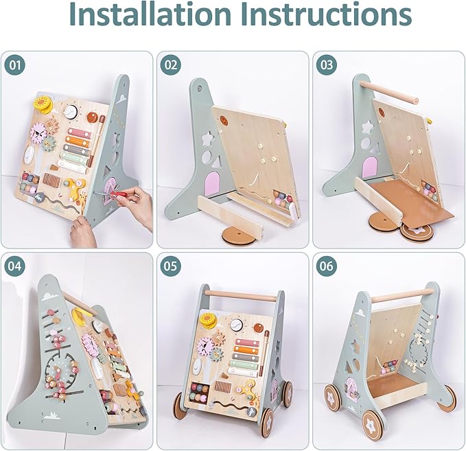 MICKYU Wooden Baby Walker with Wheels | Montessori Baby Push Walker Activity Center Toys Gifts for Boys Girls