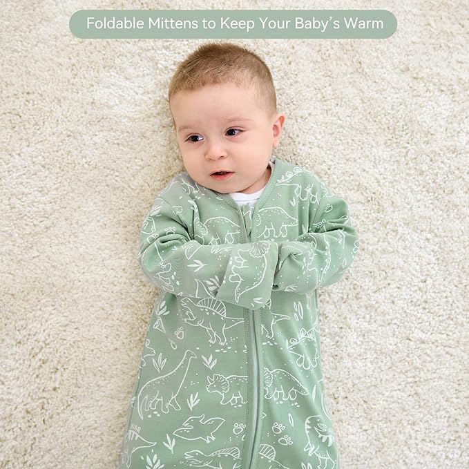 Baby Sleep Sack 0-6 Months, Long Sleeve Baby Wearable Blanket 0.5 Tog with Mittens, 2-Way Zipper Newborn Cotton Sleeping Sack for Boy and Girl Green Dinosaur 2 Pack (Small)