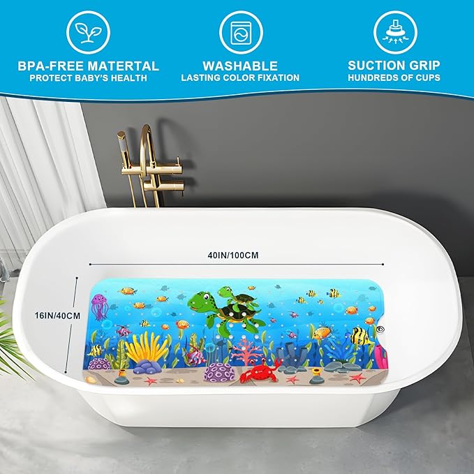 XIYUNTE Baby Bath Mat for Tub Non Slip Kids Bath Mat - 40''x16'' Extra Long Cartoon Sea Turtle Baby Bath Tub Mat Eco-Friendly Toddler Bath Mats with Suction Cups & Drain Holes Easy to Clean & Drying