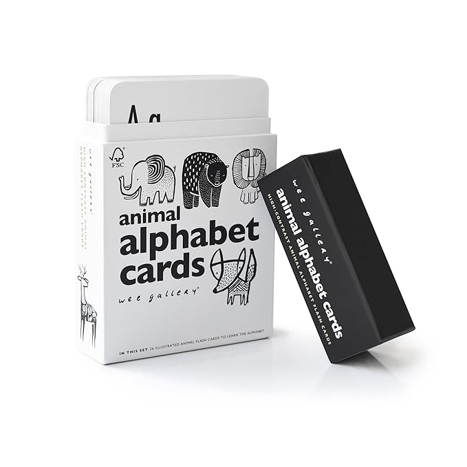 Wee Gallery Educational Flashcards for Babies, Double Sided Black and White Learning Flash cards, Animal Alphabet Cards for Visual Stimulation and Cognitive Development of Infants and Toddlers