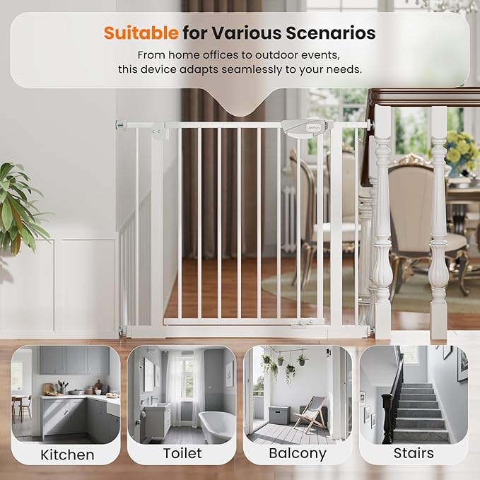 Auto-Close Baby Gate for Stairs & Doorways Dog Gate - Adjustable Steel Safety Gate with Dual Lock, Fits 29"-39" Wide, Pressure Mount No Drilling (White, 30-39" W x 30" H)