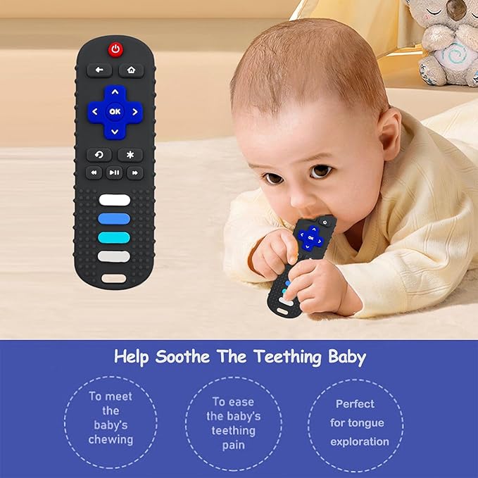 Baby Teething Toys, Food Grade Silicone Remote Control Teether for Babies 3 6 12 18 Months, TV Remote Shape with Silicone Pacifier Clip Infant Chew Toys for Boys and Girls, Freezer BPA Free