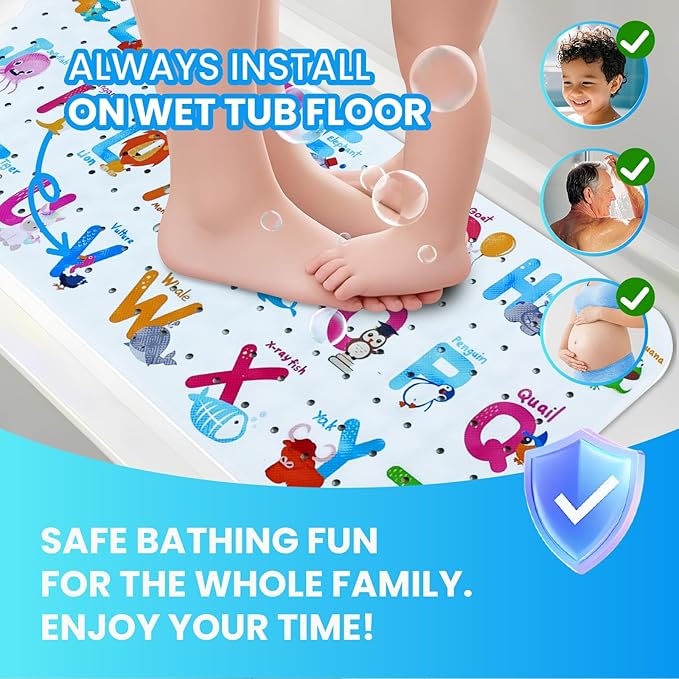 Linoows Baby Bath Tub Mat, Extra Large Non Slip Kids Cartoon Bathtub Shower Mats with Suction Cups & Drain Holes, Machine Washable for Bathroom, 40 x 16 Inch, Alphabet Animals Pattern