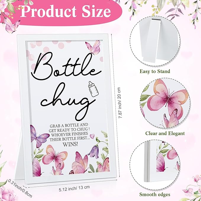 Roowest Bottle Chug Baby Shower Game Favors Including Pink Butterfly Theme Wooden Sign and 18 Pcs Baby Bottles for Gender Reveal Party Supplies