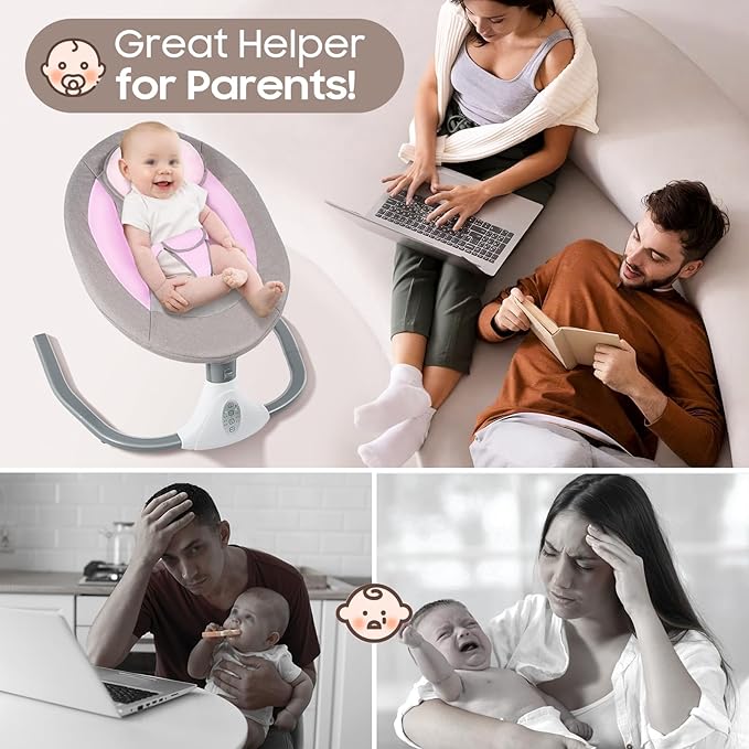 Electric Baby Swings for Infants, Pink Baby Swing with Remote Control, 5 Sway Speeds, Built-in 12 Lullabies, Compact Automatic Toddler Rocker for 0-18 Months & Max39Lbs