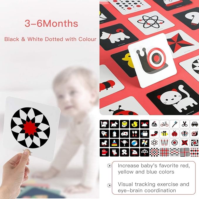 beiens High Contrast Baby Flashcard, 80 Pcs 160 Page Black White Colorful Visual Stimulation Learning Activity Card for Babies Ages 0-3-6-12-36 Months, 5.5'' x 5.5'' Newborn Infants Toys Gift