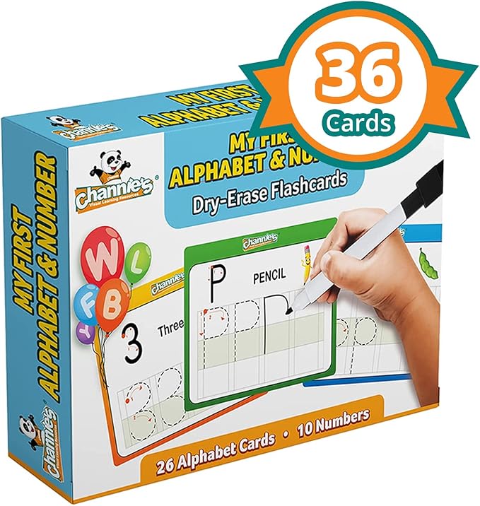 Channie’s My First Dry Erase Number and Alphabet Flashcards for Kids Ages 3-5, 26 Visual ABC Flash Cards for Letter Tracing + 10 Number Kindergarten Flash Cards, Reusable & Fun