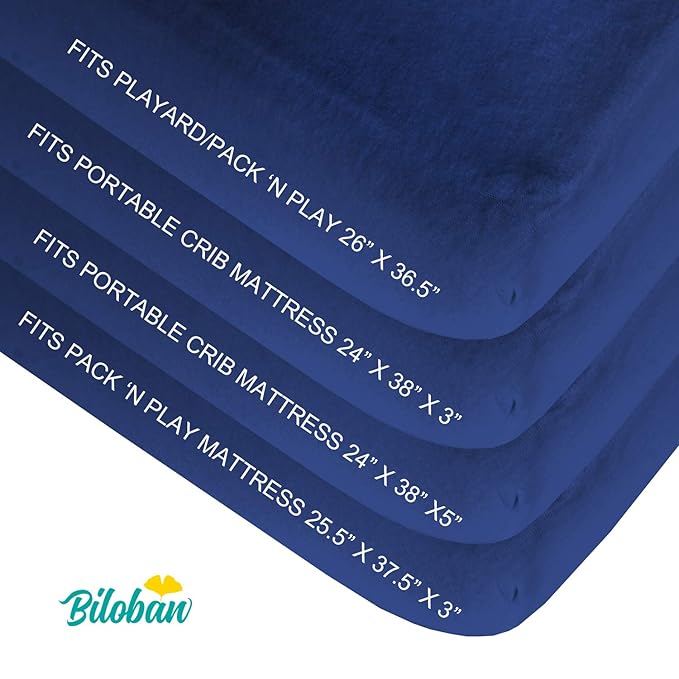 Biloban Pack and Play Sheets Fitted, 2 Pack Pack and Play Sheet Fits for Graco Pack n Play Mattress, Neutral Playard Sheets for Baby Boys and Girl, White & Navy Blue, 38”X 26”