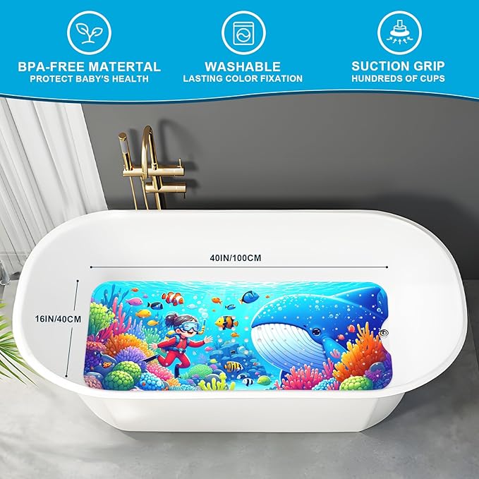 XIYUNTE Baby Bath Mat for Tub Non Slip Kids Bath Mat - 40''x16'' Extra Long Cartoon Whale Baby Bath Tub Mat Eco-Friendly Toddler Bath Mats with Suction Cups & Drain Holes Easy to Clean & Easy Drying