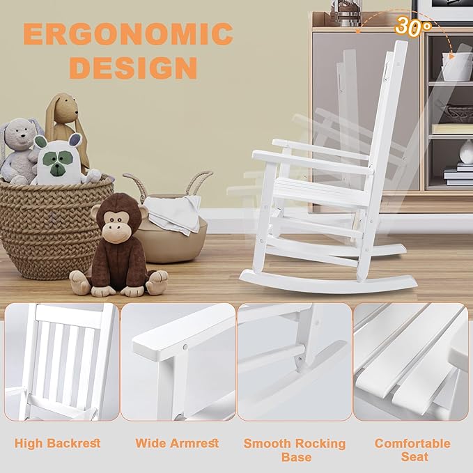 Kids Rocking Chair for Toddlers and Children Comfy Recliner Wooden Rocker for Baby Girls Outdoor Lounge Chair for Kids Age 6-10 Indoor Christmas Gift White