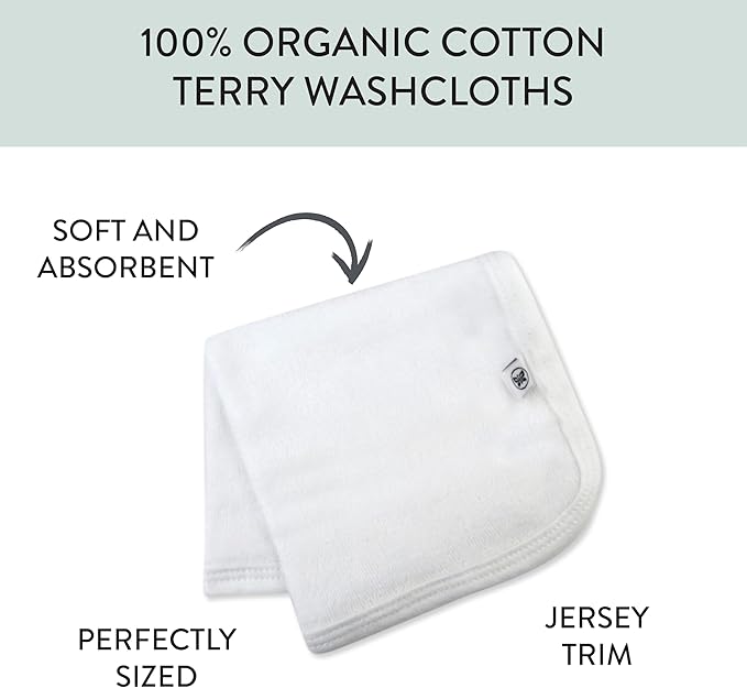 HonestBaby 10-Pack Terry Wash Cloths in Gift Box 100% Organic Cotton for Infant Baby Boys, Girls, 10-Pack White, One Size