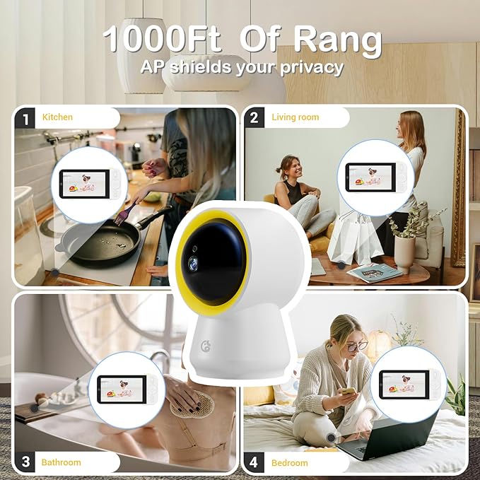 Ellie Baby Monitor No WiFi, Baby Monitor with Camera and Audio, 5" IPS 1080P with Wall Mount, 6000mAh Battery, 1000ft Range, Smart Monitoring 24hrs Playback, AI Cry Detection & Sleep Tracking