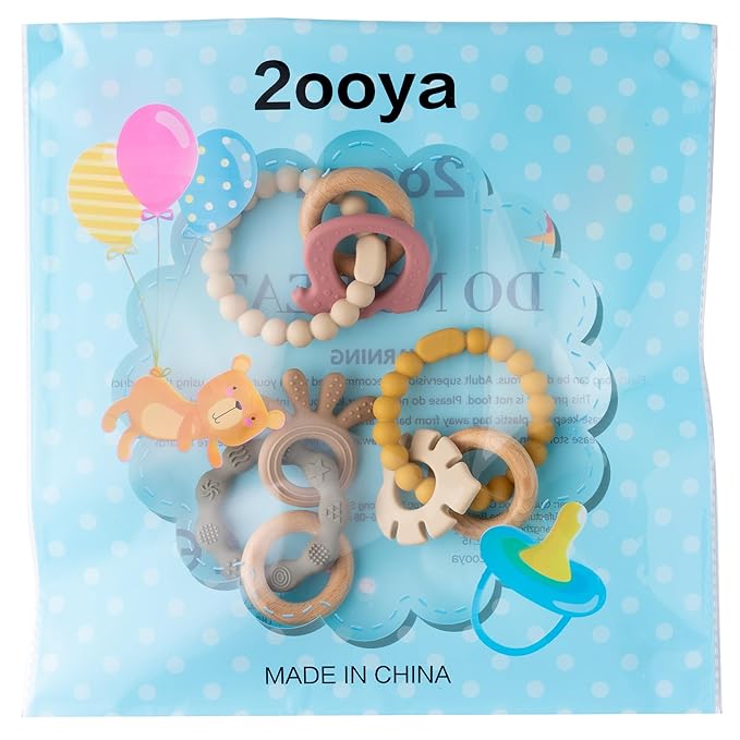 Silicone Teether Toys for Babies - 2ooya 3Pcs Animals Themed Teething Ring, Elephant Baby Sensory Chew Toys with Rattles for Newborn Boy and Girl to Soothe Sore Gums, Baby Shower Birthday Gifts