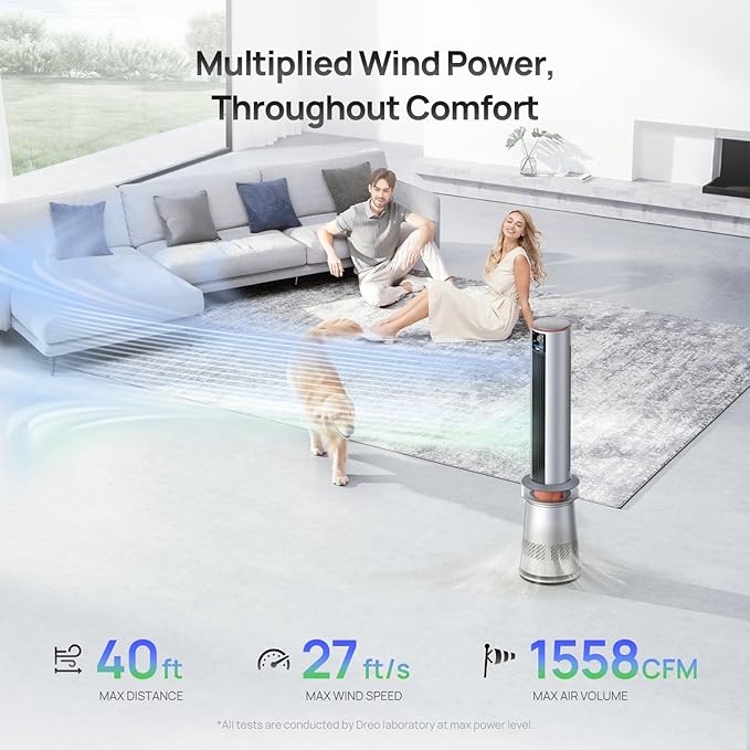 Dreo Air Purifier Tower Fan, 45" 2-in-1 Smart Fan for Bedroom, 27ft/s Velocity, 120°Oscillation, 24H Timer Bladeless Fans for Home, 25dB Low Noise, Standing Fan Works with Alexa, MC710S, Silver Orange