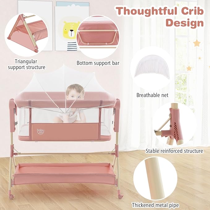 BABY JOY Bassinet, 3 in 1 Rocking Bedside Bassinet w/Storage Basket, Universal Wheels, Adjustable Height, Mattress, Net & Portable Bag, Carriable Crib Baby Bassinets Bedside Sleeper (Pink)