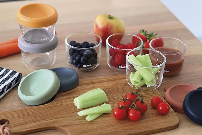 BEABA 6 Pack Glass Baby Food Jars with Soft Silicone Air Tight Lids, 5 oz Glass Storage Containers with Lids, Microwave and Freezer Safe Containers, Sunrise