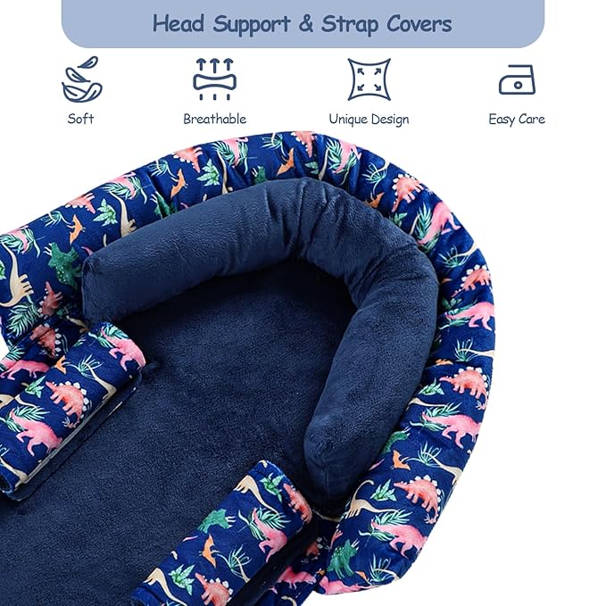 SWESEN Baby Car Seat Head Support, Super Soft 2 in 1 Infant Car Seat Insert, Reversible Newborn Car Seat Insert Cushion with Strap Covers for Strollers, Bouncers, Swing, Navy Dinosaur
