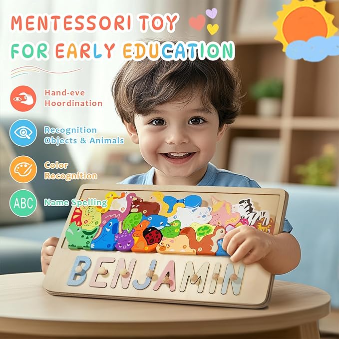 Name Puzzle for Kids Personalized, Custom Name Puzzle, Personalized Baby Birthday Gift,Name Puzzles for Toddlers 1-3 Montessori Toy for 1-3 (Jungle Animal)