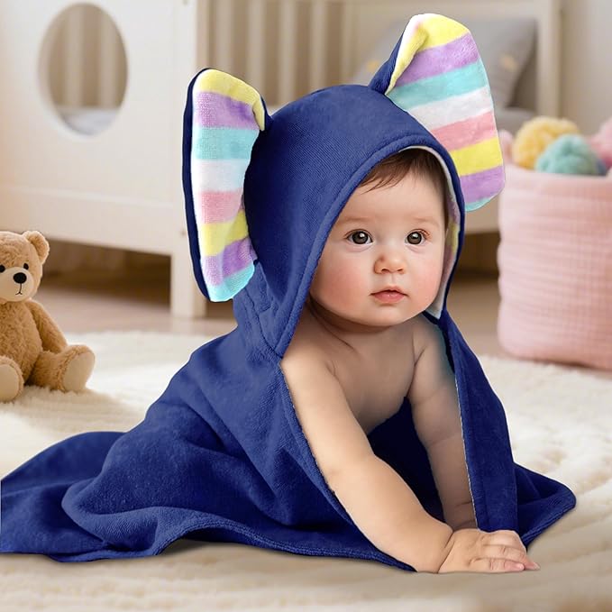 VOOVA & MOVAS Baby Hooded Bath Towel - 100% Cotton, 33x23.5 Inches,0-3Years, Super Absorbent Large Towel with Cute Elephant Ears Hood for Newborn, Baby, Toddler,Navy