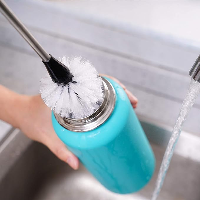 Stainless Steel Bottle Brush with Replaceable Head, 2 Pack Long Handle Scrubbing Brush for Water Bottles, Glasswares, Mugs, Flasks, Tumblers, Vases, and Kitchen Sink, 15 in