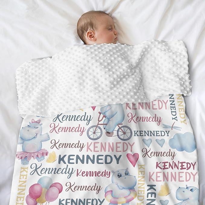 Personalized Baby Blanket for Girls Hippopotamus Custom Baby Blankets with Name Dotted Backing Customized Gifts for New Mom Customize Baby Blanket for Kids Newborn Birthday Pink
