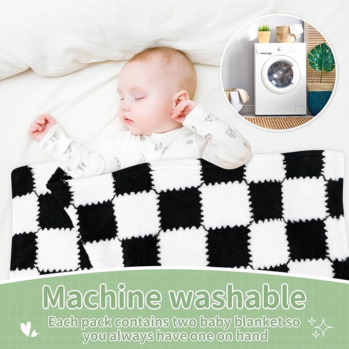 Checkered Baby Blanket for Boys, 2 Pack Soft Baby Boy Blankets, Small 28 x 40 inches Toddler Fleece Blanket, Essentials Crib Stroller Items, Newborn Gift (Black)