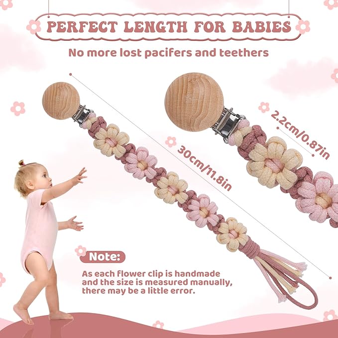 Pacifier Clip for Boys Girls Floral Daisy Macrame Baby Paci Clip Pacifier Holder Leash Boho Wooden Clips Handmade Braided Cotton Binky Clips (1pack:Caramel Style B)
