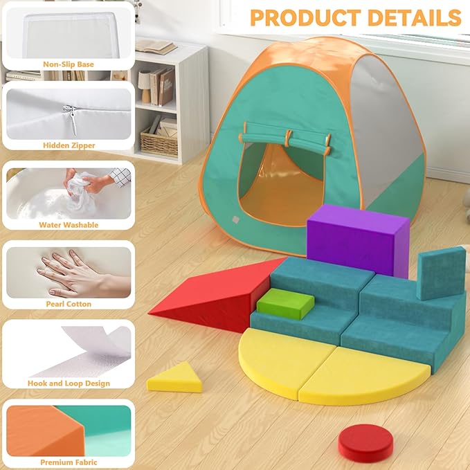 Foam Climbing Blocks with Folding Tent,10 PCS Soft Play Set for Toddlers 1-3, Colourful Toddler Climbing Toys Indoor, Flexible Crawling and Sliding Foam Blocks