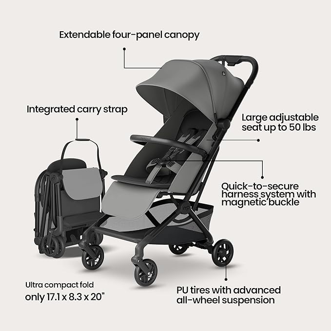 Mompush Velo Lightweight Travel Stroller, Compact & Airplane-Friendly for Baby and Toddler, Lie-Flat Seat, One-Hand Fold, with Leather Bumper Bar, Shoulder Strap, Raincover, Storage Bag & Cup Holder