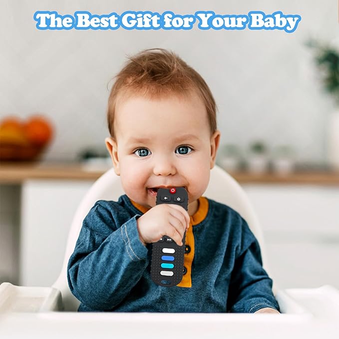 Baby Teething Toys, Food Grade Silicone Teether for Babies 3 6 12 18 Months, TV Remote Shape Toddlers Chew Toys, Freezer BPA Free (Black+Red)
