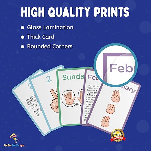 American Sign Language Flash Cards - 56 ASL Flash Cards for Kids, Babies, Toddlers. Sign Language for Kids Includes Alphabet, Numbers, Days, & Months. ASL Cards with Pictures and Descriptions.