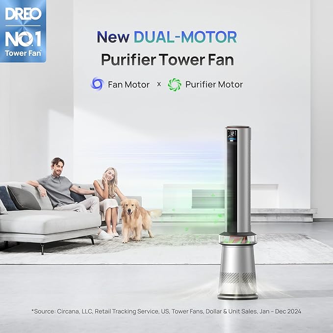 Dreo Air Purifier Tower Fan, 45" 2-in-1 Smart Fan for Bedroom, 27ft/s Velocity, 120°Oscillation, 24H Timer Bladeless Fans for Home, 25dB Low Noise, Standing Fan Works with Alexa, MC710S, Silver Orange