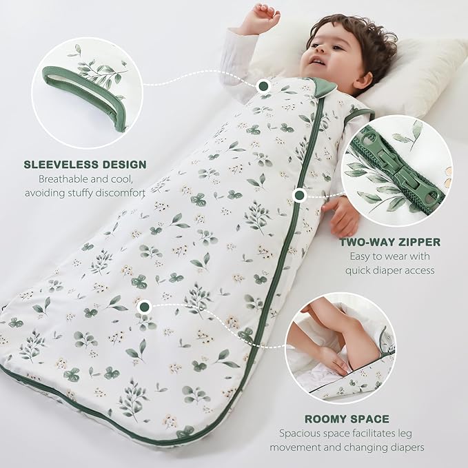 Mosebears Unisex Rayon Made from Bamboo Sleep Sack with 2-Way Zipper,2.5 Tog Baby Winter Sleep Sack(Plant,6-18 Months)