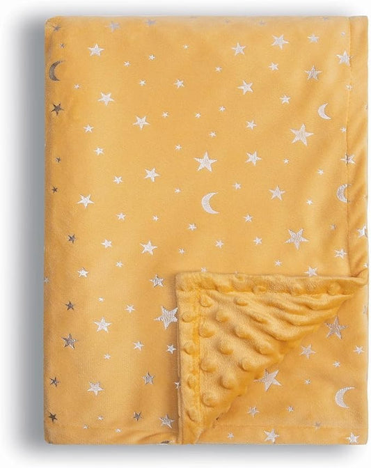 Baby Blanket for Boys Girls Soft Minky with Double Layer Dotted Backing, Star and Moon Printed 30 x 40 Inch Receiving Blanket (Ginger)