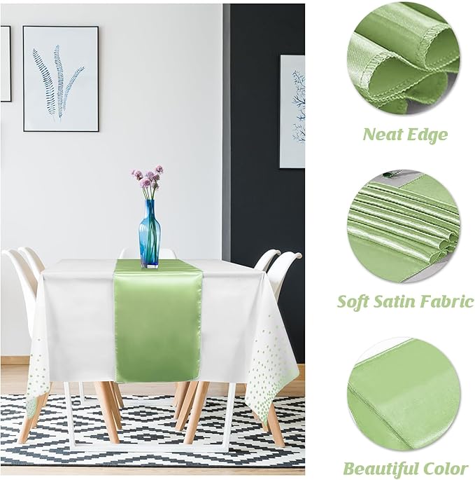 8Pack Plastic Tablecloths and Satin Table Runner Set Disposable White and Sage Green Dot Table Cloth Green Satin Table Runner for Wedding Birthday Baby Shower Anniversary Holiday Party Decorations