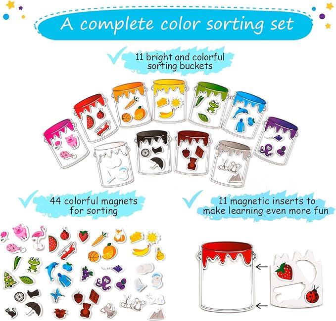 Simply magic 11 Jars Magnetic Color Sorting Set - Color Sorting Toys for Toddlers, Magnetic Shapes, Learning Colors Recognition Magnets, Color Matching Games for Toddlers, Preschool Circle Time