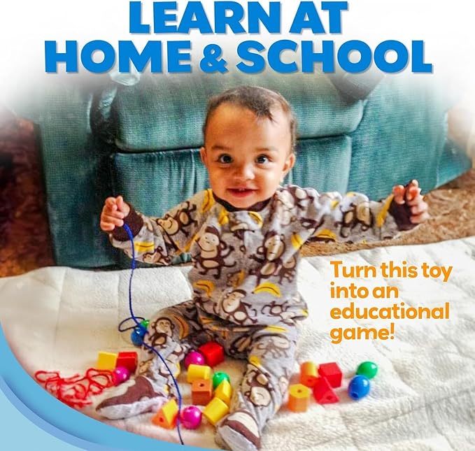 Skoolzy Rainbow Stringing Beads for Toddlers 46 Pcs Set - 5 pk - Stringing Beads - String Beads with Strings, Pipe Cleaners and Bag - Montessori Toys Occupational Therapy for Preschool