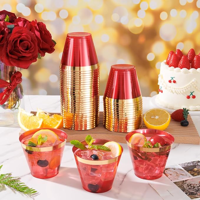 supernal 100 Pcs Red Cups, 9oz Red Plastic Cups with Gold Rim, Plastic Wine Cocktail Glasses Perfect for Party, Wedding and Birthday, Cute Cocktail Party Cup Disposable Wine Glasses